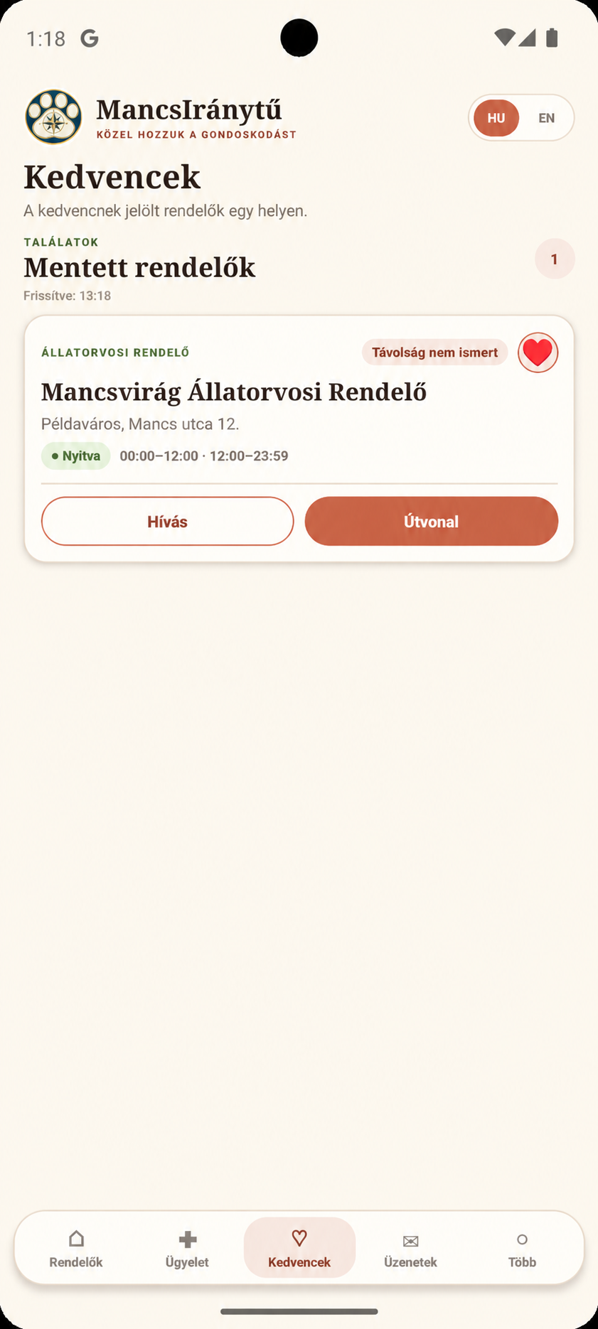 Kedvenc rendelők képernyője